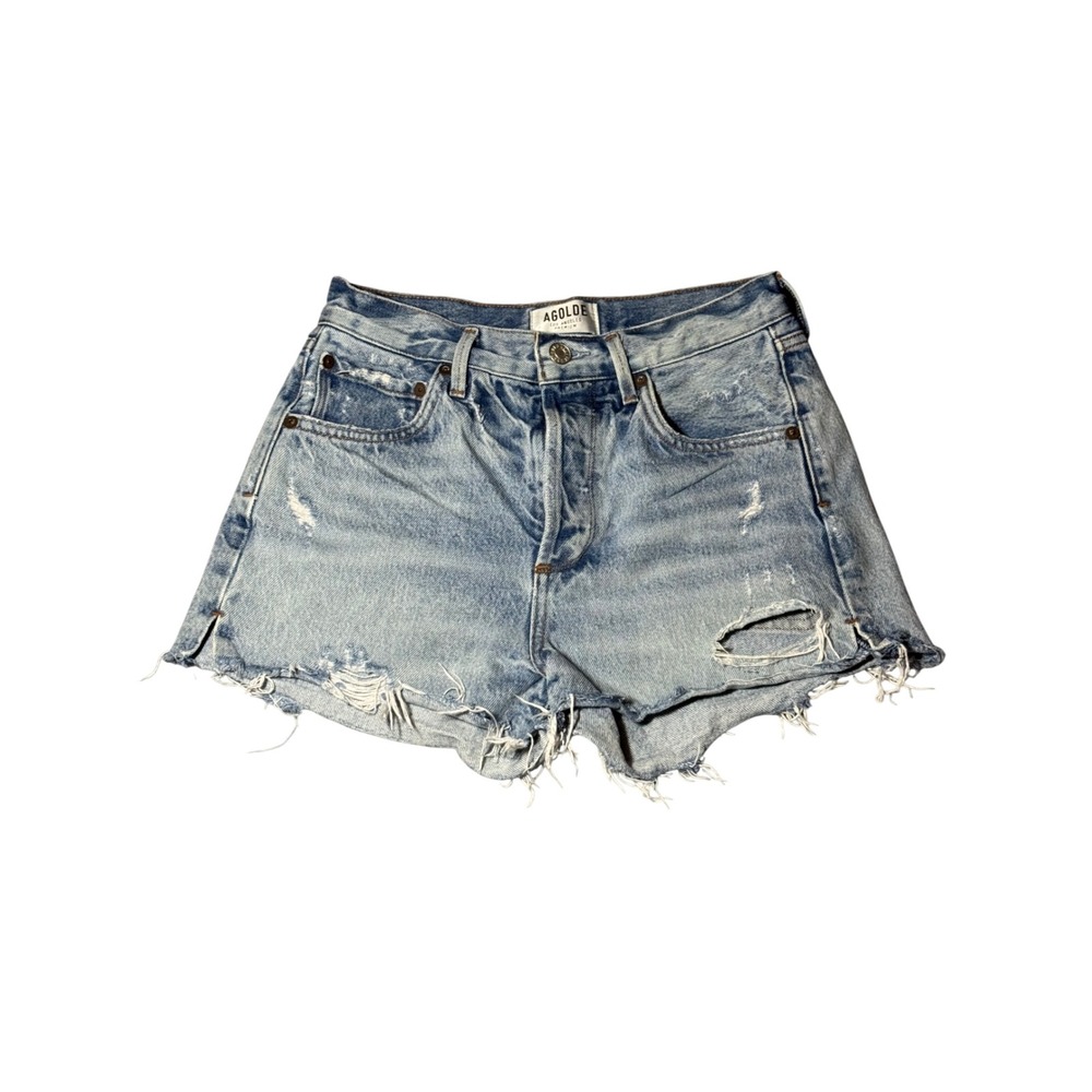 NWOT AGOLDE Parker High Rise Distressed Denim Shorts Light Wash Blue Size 25